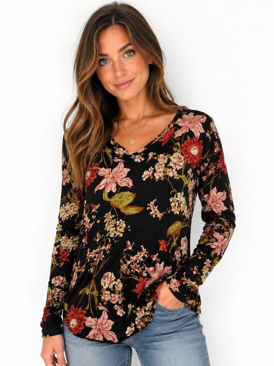Well Worn Sweaters - Well Worn Floral Long Sleeve Top Small Black V Neck Boho Stretch Lightweight